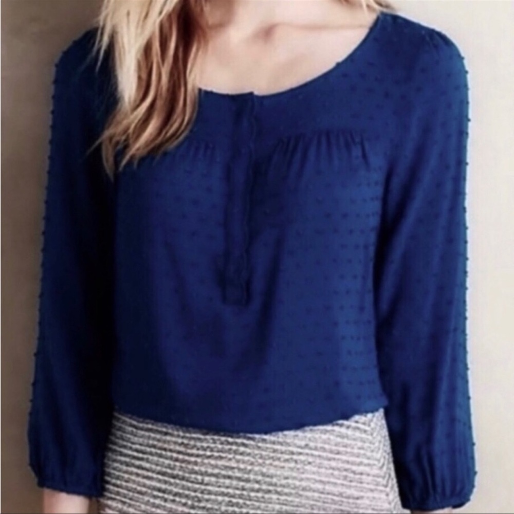 Maeve Anthropologie Emmaline Swiss Raised Clip Dot Textured Blouse Blue Top US 8
